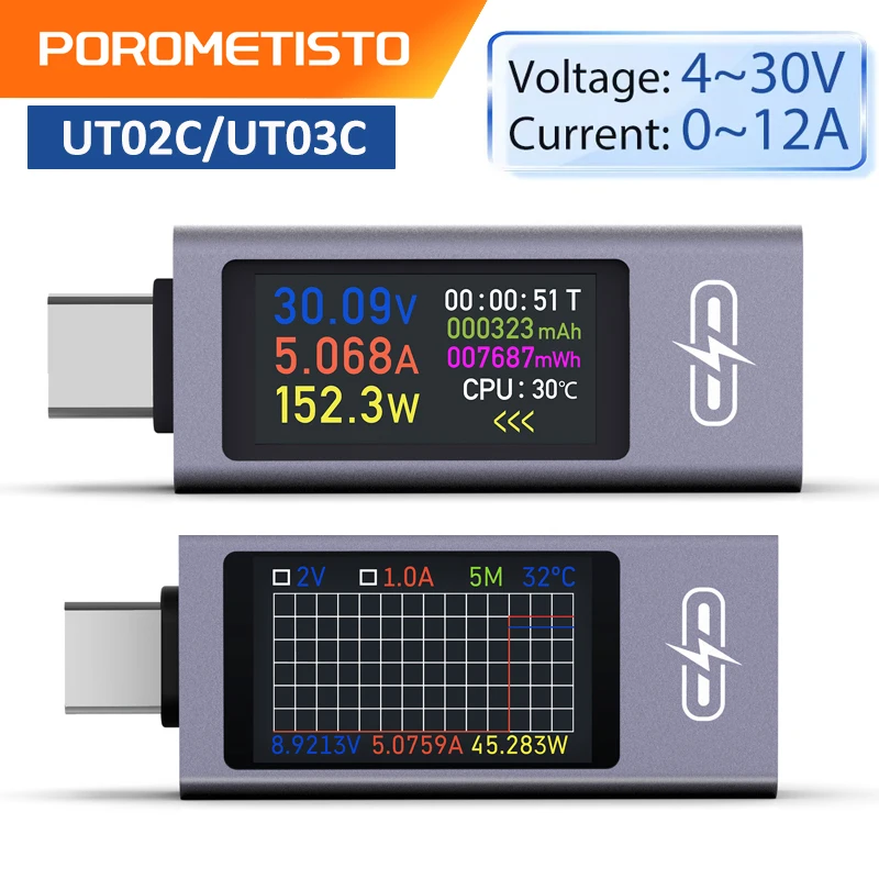 UT02C/UT03C Typ-C Multifunktions Digital DC Spannung Amperemeter Power Meter DC4-30V 12A Voltmeter Amperemeter Ladegerät Kapazität tester Image