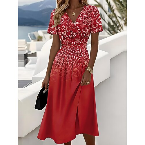 Frauen Elegante Midi Kleid A-Linien Kleid Wickelkleid V-Ausschnitt Kurzärmelig Bohemia Reguläre Passform Grafik Paisley Schwarz Rot Blau Grün Image