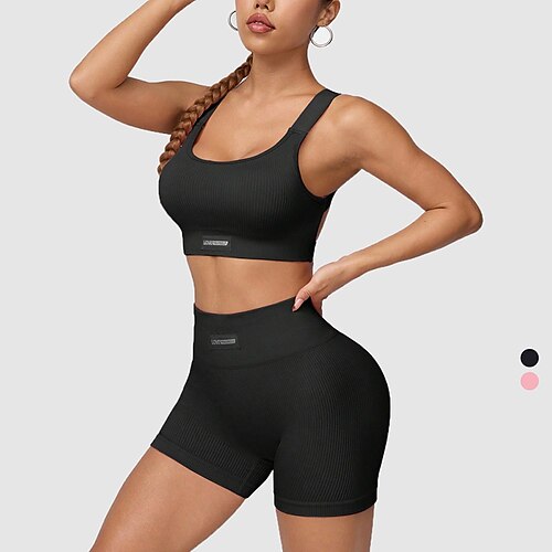 Damen 2 Stück Sport-BHs Trainingssets Yoga-Outfits Gefüttert Einfarbig Kombination Sommer Schwarz Rosa Fitnesstraining Volleyball Laufen Hohe Taille Elastisch Atmungsaktiv Sport Sportkleidung Enge Image