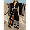 Langes Damenkleid Maxikleid Boho-Kleid Freizeitkleid Swing-Kleid Sommerkleid Vintage Urlaub Alltag Strand Regular Fit Geometrisch 3/4-Ärmel V-Ausschnitt Schwarz Sommer Frühling Herbst