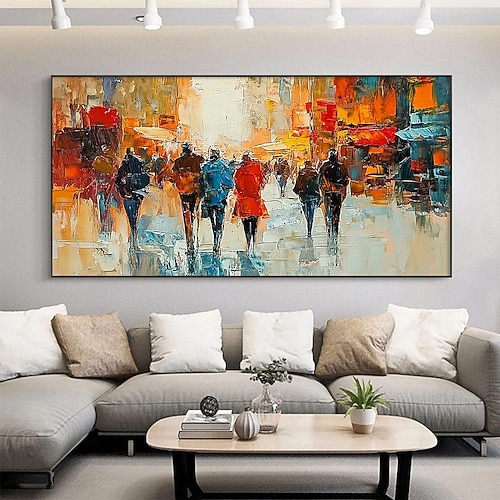 handgefertigtes Ölgemälde auf Leinwand, Wandkunst, Dekoration, abstraktes Gemälde einer städtischen Straßenszene, Figurengemälde für die Inneneinrichtung, gerolltes, rahmenloses, ungedehntes Gemälde Image