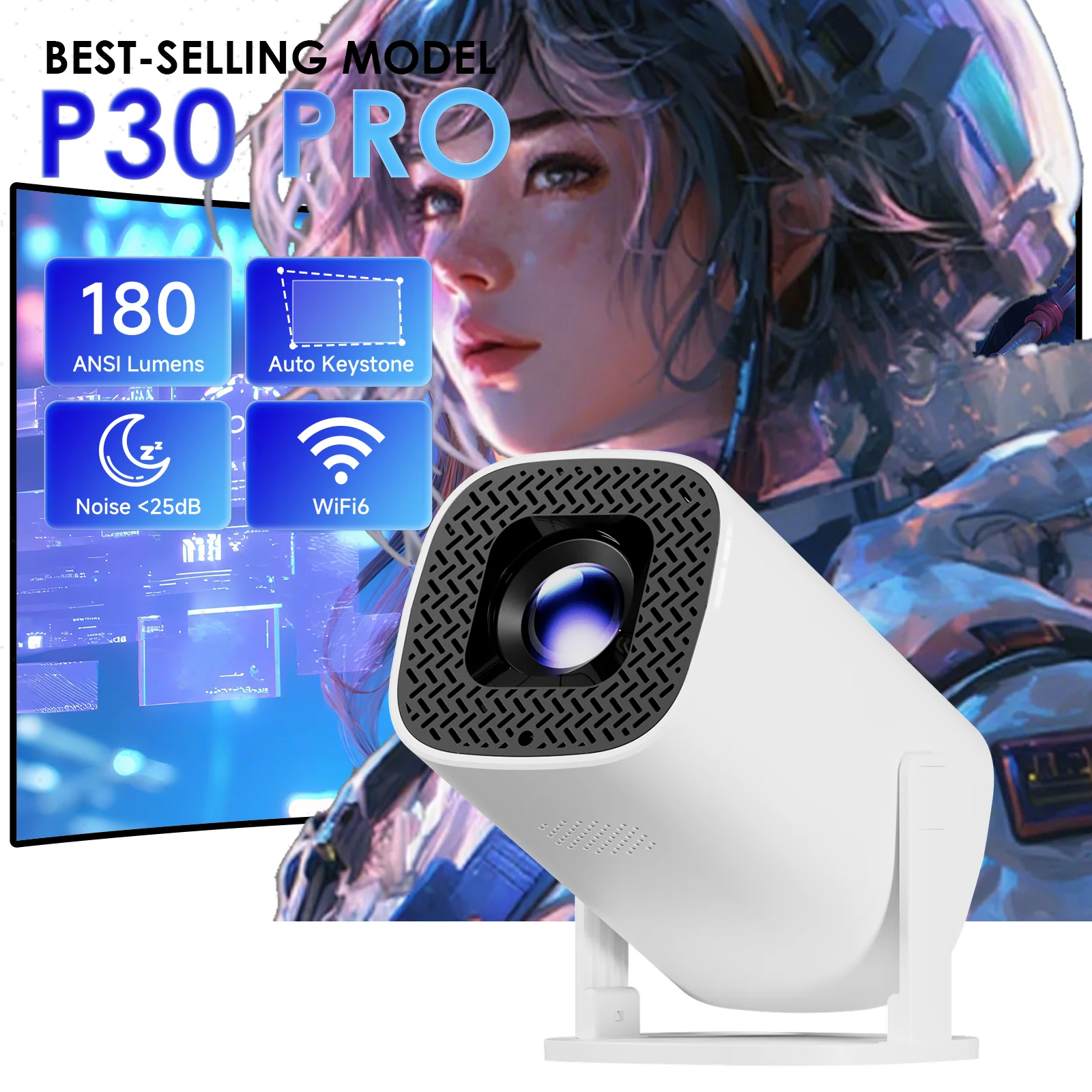 P30 Android 14 Smart Mini-Projektor unterstützt 4K HD Video WiFi 6 BT5.0 Native 720p Heimkino Tragbarer Outdoor-Projektor Image