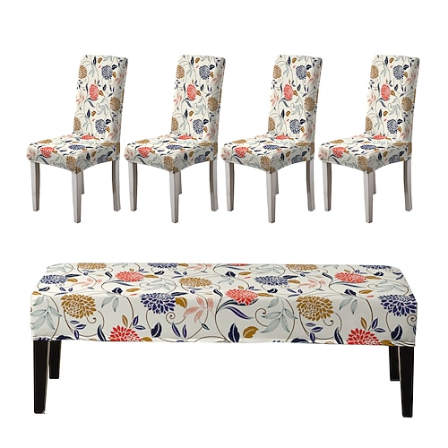 Bedruckte Stuhlhussen und Bankhussen-Sets für Esszimmerstühle, bestehend aus 5 Stück, 4 Stuhlhussen und 1 Bankhusse Image
