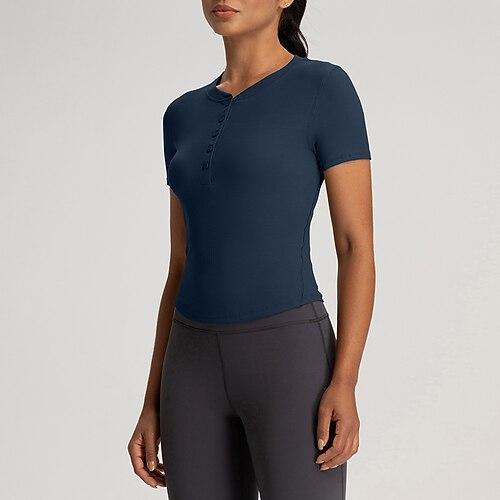 Damen Yoga T-Shirt Henley-Kragen Elastisch Atmungsaktiv Kurzarm Sport Einfarbig Oberteil Für Pilates Laufen Yoga Sportkleidung