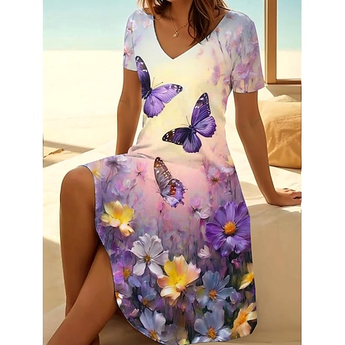 Damen Midikleid T-Shirt-Kleid A Linie Kleid Sommerkleid Urlaub Lässig Täglich Strand Ferien Normale Passform Blumen Grafik Tiermotiv Kurzarm V Ausschnitt Blau Rosa Purpur Dunkelblau Sommer Frühling