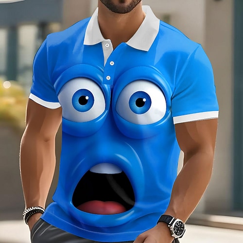 Herren Cartoon lustiges Lächeln Gesicht Polo Kurzarm Polo-Shirts Revers Hässlich Lässig Resort Outdoor Straße Geschenk Athleisure 3D-Druck Knöpfe Sommer Hellgrün Blau Grün Image