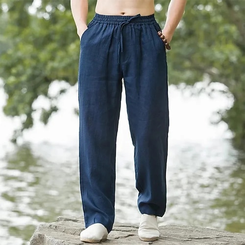 Herren Leinenhosen Hose Sommerhose Baggy-Hosen Elastischer Bund Kordelzug Gerader Schnitt Einfach Komfort Atmungsaktiv Volle Länge Outdoor Lässig Täglich Mode Klassicher Stil Schwarz Weiß Unelastisch Image