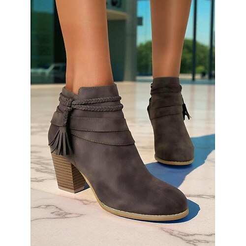 Damen Stiefel Wildlederschuhe Quasten Schuhe Party Arbeit Reise Quaste Reißverschluss Blockabsatz Runde Zehe Elegant Bohemien Mode Spaziergang PU Reißverschluss Schwarz Braun