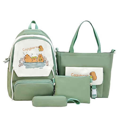 Set di 4 zaini neri per il ritorno a scuola per ragazze – zaino scolastico con cartone animato capibara con borsa, astuccio e pochette – grazioso e resistente kit per studenti
