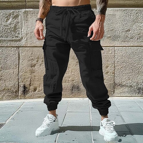Herren Cargo-Hosen Leinenhosen Hose Sommerhose Jogginghose Kordelzug Elastischer Bund Einfach Komfort Atmungsaktiv Volle Länge Lässig Täglich Outdoor Urlaub Mode Schwarz Himmelblau Unelastisch Image