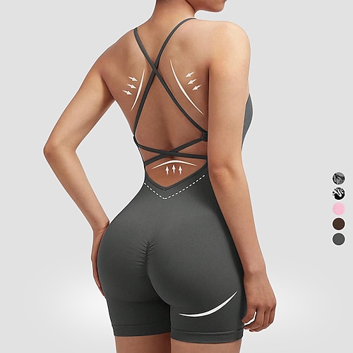 Damen Scrunch Yoga-Strampler Trainingsoveralls Rückenfrei Einfarbig Bodysuit Sommer Dunkelgrau Schwarz Fitnesstraining Volleyball Laufen Hohe Taille Bauchkontrolle Elastisch Atmungsaktiv Sport Image