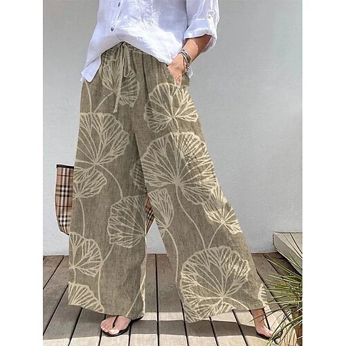 Damen Weite Hosenbeine Urlaub Vintage Ethno-Stil Volle Länge Hohe Taille Blumen Grafik Schnelltrocknend Atmungsaktivität Weich Unelastisch Lässig Outdoor Urlaub Gelb Rot Khaki Kaffee Sommer Frühling Image