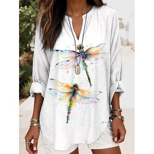 Damen Bluse Tunika V-Ausschnitt Langarm Boho Lässige Oberteile Grafisches Tier Elegant Stilvolle Reguläre Oberteile Täglicher Druck Weiß Pink Grün