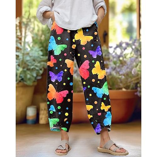 Damen Stoffhosen Hosen Hose Urlaub Vintage Lässig Knöchellang Hohe Taille Grafik Schmetterling Elastischer Bund Bequem Atmungsaktivität Weich Unelastisch Outdoor Straße Täglich Schwarz Gelb Orange