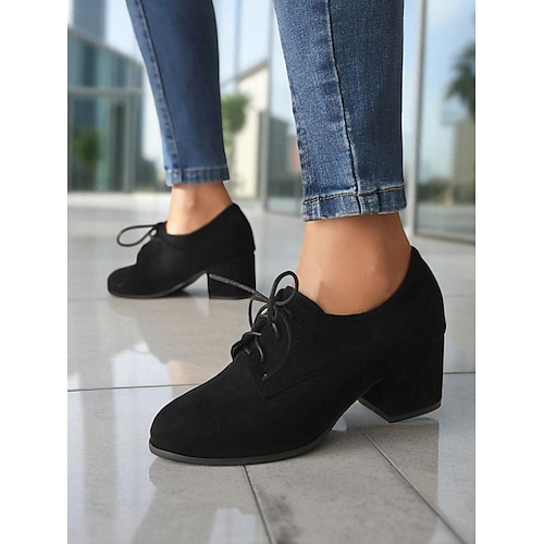 Damen-Oxford-Heels aus braunem Wildleder – bequeme Schnürschuhe im Vintage-Stil für Herbst-Winter-Outfits, das Büro und den Alltag Image