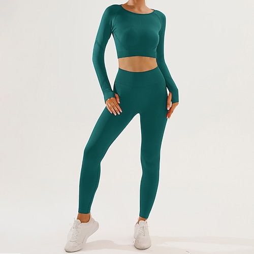 Damen 2 Stück Yoga-Trainingsanzug Lounge-Outfits Einfarbig Kombination Herbst Schwarz Rot Fitnesstraining Hohe Taille Elastisch Atmungsaktiv Langarm Sport Sportkleidung Schlank Image