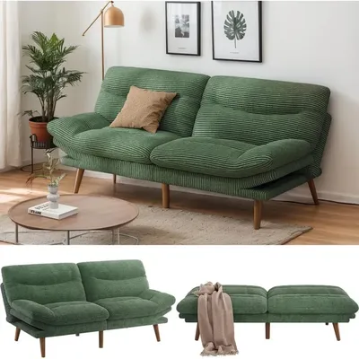 Futon Sofa Bed, 75″ Corduroy Futon Couch with Adjustable Backrest & Armrests, Vintage Couch for Small Spaces, Living Room or Ap