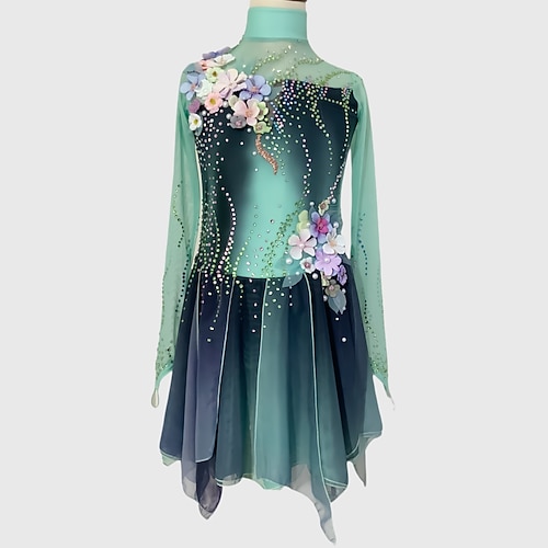 Eiskunstlaufkleid Damen Mädchen Eislaufen Kleid Grün schwarz Daumenloch Halo-Färbung Netzstoff Spandex Dehnbar Training Übung Professionell Eiskunstlaufkleidung Thermowarm Klassisch Kristall / Strass Image