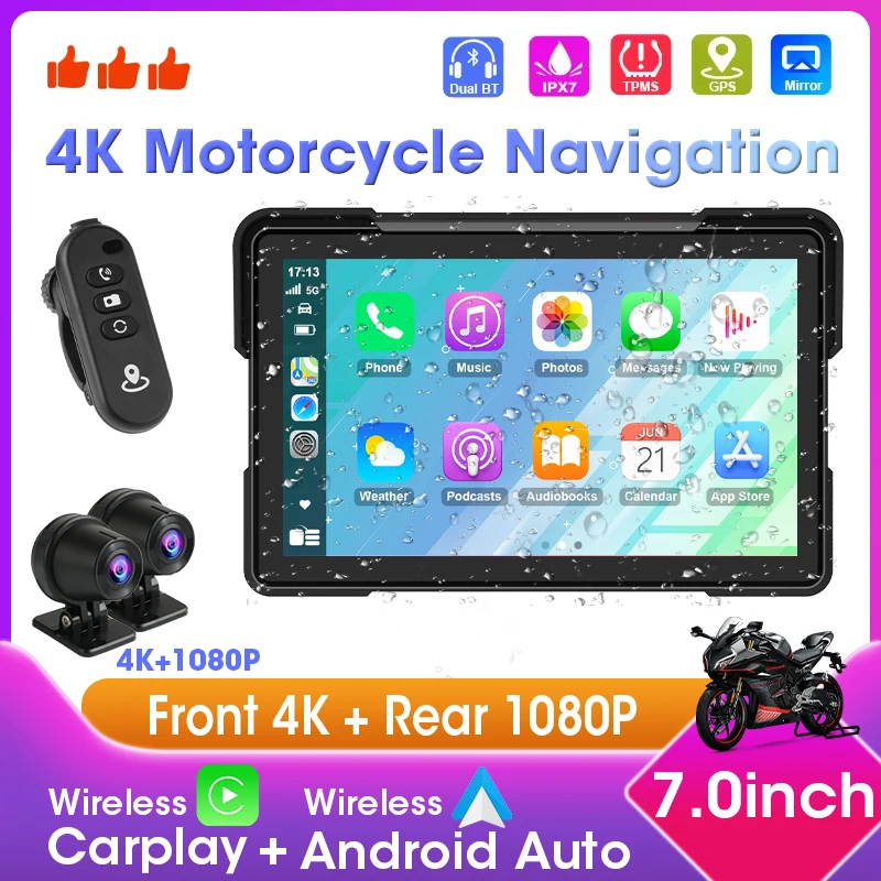 7 "Tragbare Motorrad CarPlay Bildschirm 4K + 1080P DVR GPS Navigation Moto Carplay Wasserdichte Bildschirm drahtlose Android Auto Monitor Image