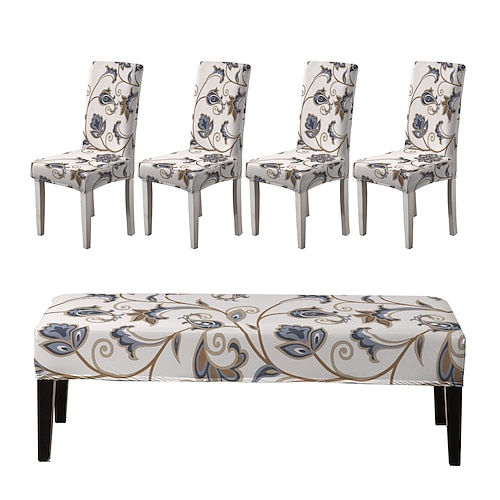 Bedruckte Stuhlhussen und Bankhussen-Sets für Esszimmerstühle, bestehend aus 5 Stück, 4 Stuhlhussen und 1 Bankhusse Image