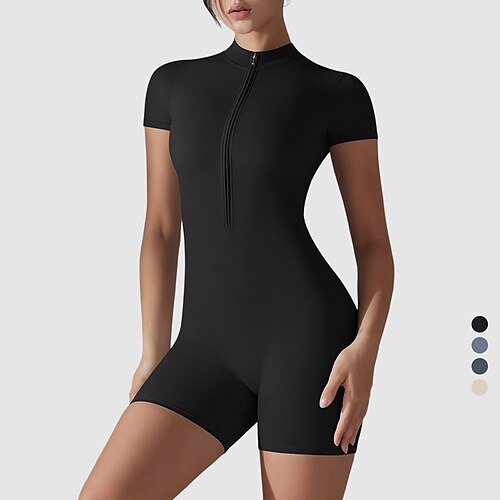 Damen Scrunch Yoga-Strampler Trainingsoveralls Reißverschluss Einfarbig Bodysuit Sommer Schwarz Blau Fitnesstraining Volleyball Laufen Hohe Taille Bauchkontrolle Elastisch Atmungsaktiv Kurzarm Sport Image