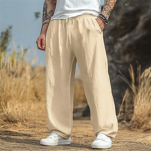 Herren Leinenhosen Hose Sommerhose Baggy-Hosen Strandhose Kordelzug Elastischer Bund Gerader Schnitt Einfach Komfort Atmungsaktiv Volle Länge Heim Yoga Ferien Urlaub Mode Schwarz Weiß Unelastisch Image