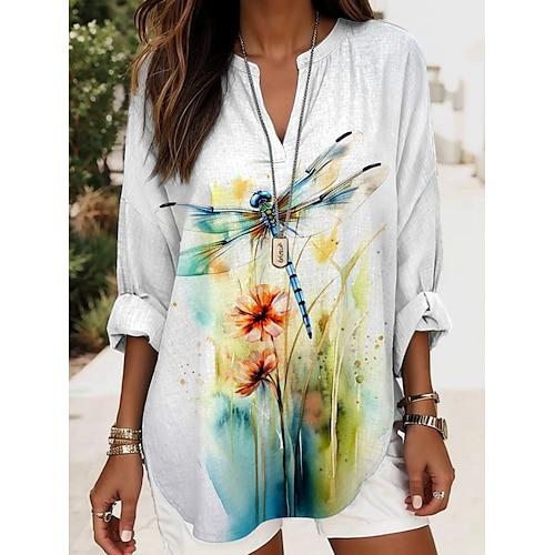 Damen Bluse Tunika V-Ausschnitt Langarm Boho Lässige Oberteile Grafisches Tier Elegant Stilvolle Reguläre Oberteile Täglicher Druck Weiß Pink Grün