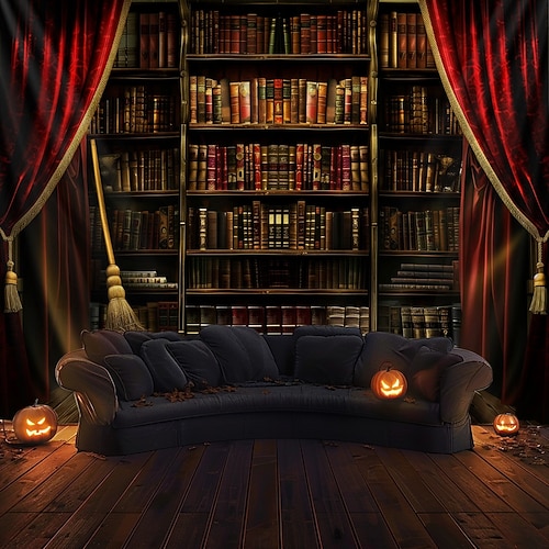 Gothic Fensteransicht Wandteppich – Roter Vorhang Bühne mit gruseliger mondbeleuchteter Nachtszene Horror Hintergrund für 2025 Wohnzimmer Schlafzimmer gruselige Hausdekoration Image