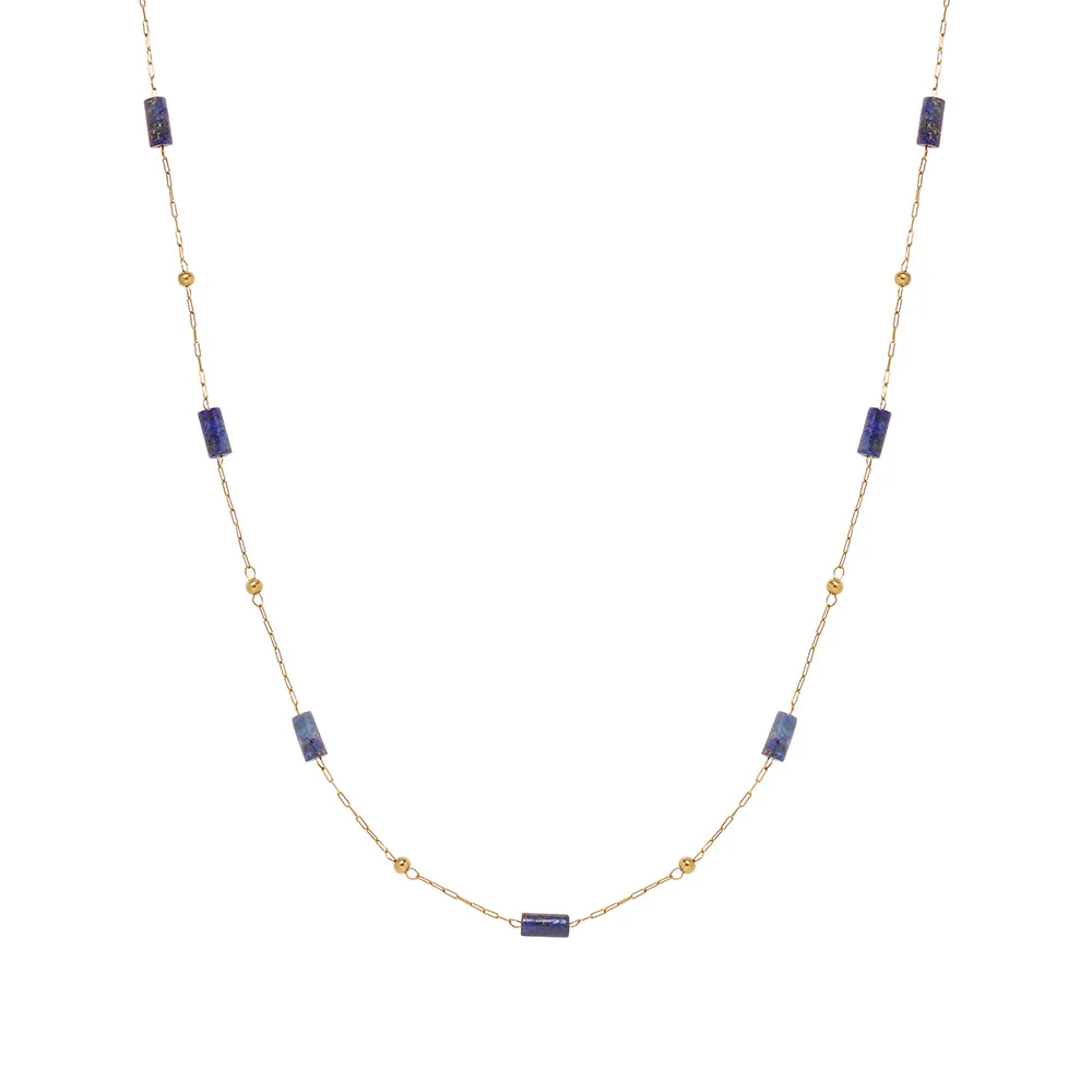 Collana a catena in acciaio inossidabile 316L con perline di tubo in pietra blu fatta a mano da donna con lapislazzuli naturale Gioielli Boho