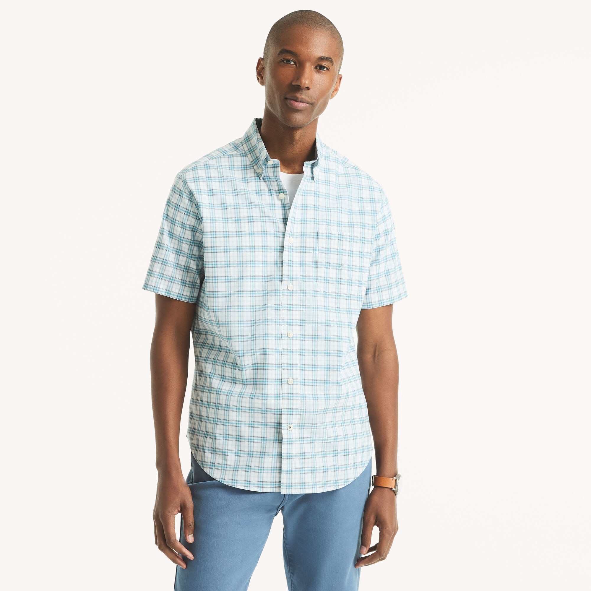Nautica Men's Plaid Short-Sleeve Shirt 101 (Bright White), XXL