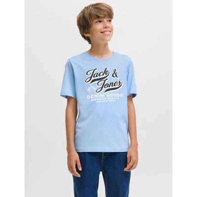T-Shirt JACK & JONES JUNIOR "JJELOGO TEE SS ONECK 2 COL AW25 NOOS JNR", Jungen, Gr. 128, blau (chambray blau), Single Jersey, Obermaterial: 100% Baumwolle, bedruckt, modisch, regular fit normal, Rundhals, Kurzarm, Shirts Image