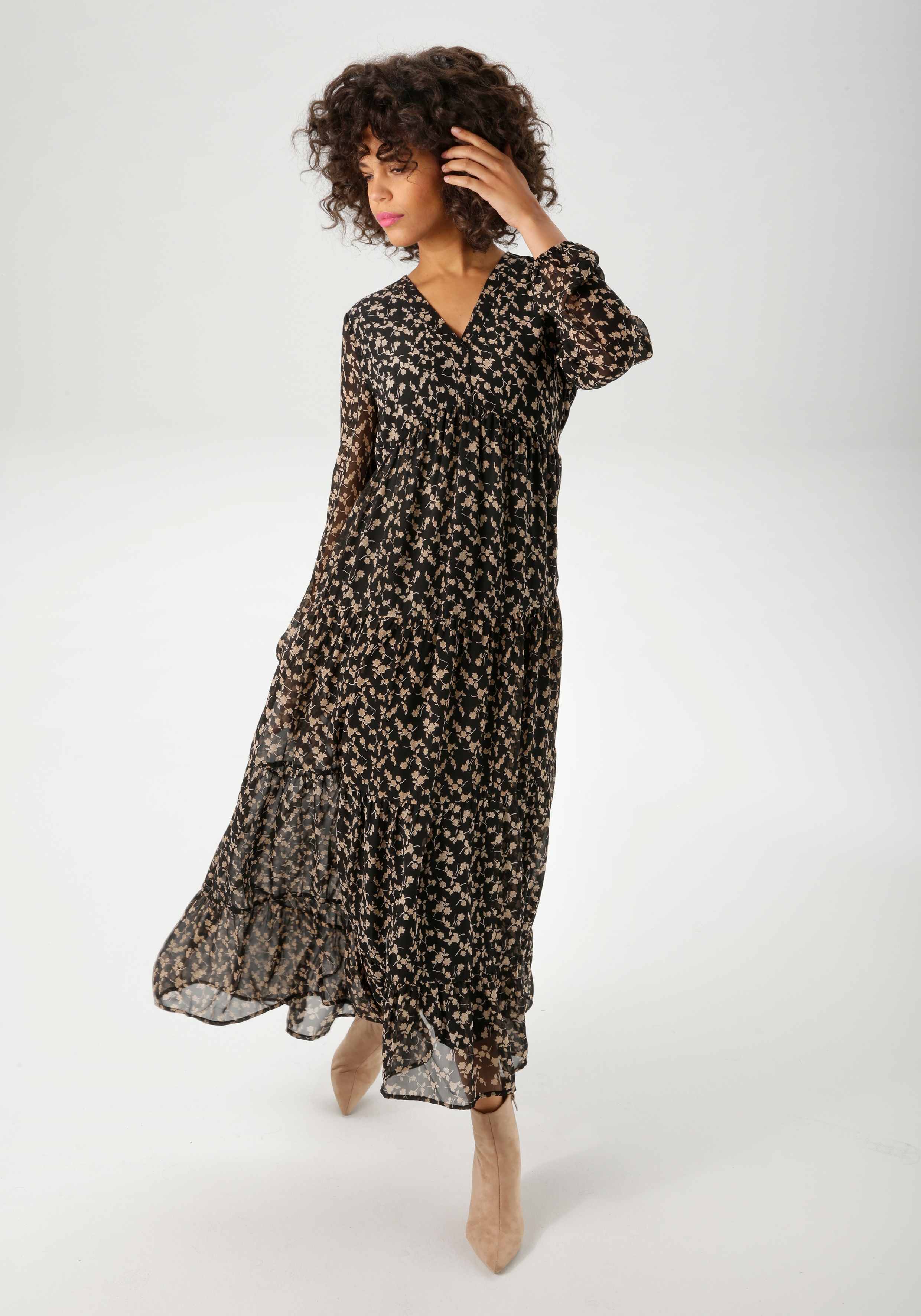 Maxikleid ANISTON CASUAL, Damen, Gr. 46, N-Gr, schwarz, beige, hellbeige, Georgette, Obermaterial: 100% Polyester. Futter: 100% Polyester, bedruckt, geblümt, figurumspielend knöchelfrei, V-Ausschnitt, elastischer Bund mit Gummizug, Kleider...