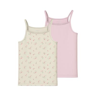 Unterhemd NAME IT "NKFSTRAP TOP 2P FLOWER NOOS", Kinder, Gr. 146/152, N-Gr, turtledove pack:w, pale lila, Jersey, Obermaterial: 95% Baumwolle, 5% Elasthan, bedruckt, casual, bequem, Rundhals, ärmellos, Unterhemden Image