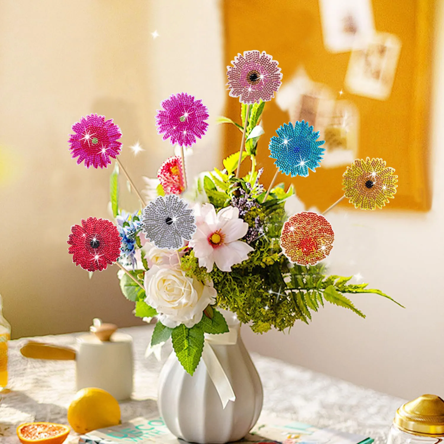 8-teiliges Blumen-Diamantgemälde, handgefertigt, rundes Kristall-Kunst-Bastelset, exquisites Blumenarrangement, Gartenparty-Verkleidung Image