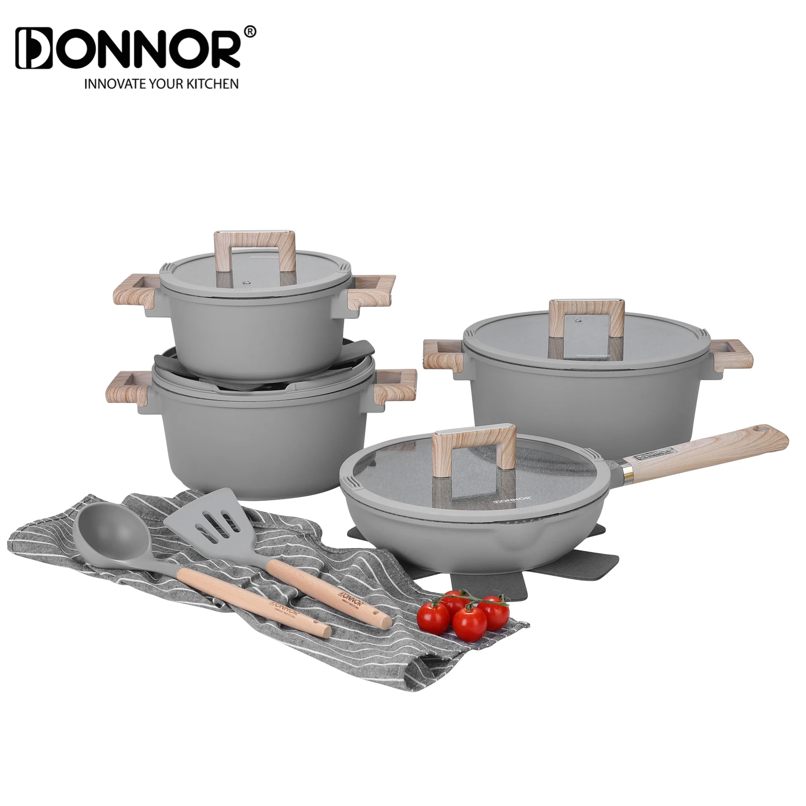 DONNOR Antihaft-Kochgeschirr-Set, Antihaft-Kochgeschirr-Set aus Granit, sicher für Ofen/Geschirrspüler/Gefrierschränke, platzsparendes Kochgeschirr-Set, POA-frei