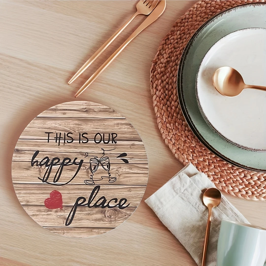 6 Stück runde Untersetzer aus Holz, 2D, kleines rotes Herz, genießen Sie Thema, Kunstuntersetzer, hitzebeständig, rutschfest, Heimdekoration und Geschenk, multifunktional Image