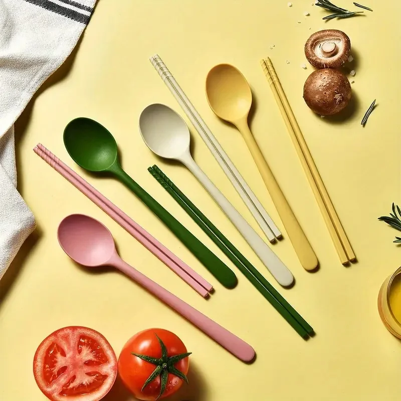 8-teiliges Silikon-Besteckset, rutschfeste Essstäbchen und Hauptlöffel-Besteckset, geeignet für Familien, Restaurants, Weihnachtsgeschenke Image