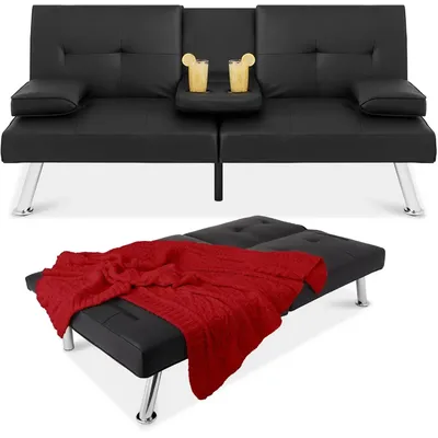 Products Faux Leather Upholstered Modern Convertible Futon, Adjustable Folding Sofa Bed, Guest Bed w/Removable Armrests