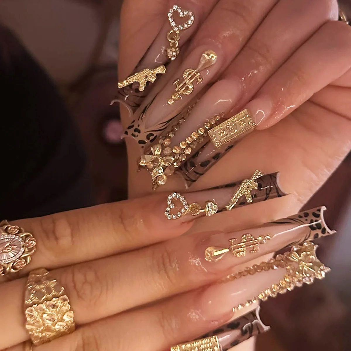 24 Stück Y2k Lange Sarg Falsche Nägel Leopardenmuster Französisch Glänzende Strass Eide Fake Nail 3D Gold Bowknot Dollar Gun Press On Nails Image