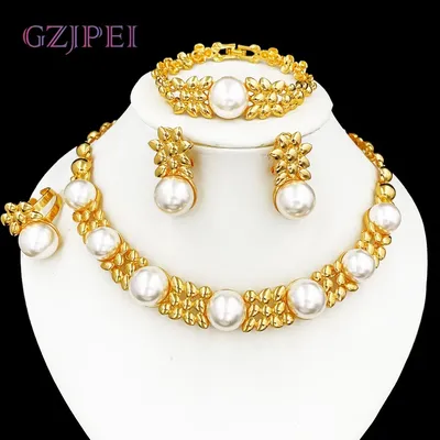 GZJPEI Hight Quality Imitation Pearl Jewelry Set 18K Gold Plated Necklace Bracelet Durable Hypoallergenic Gift 2025 Trendy New