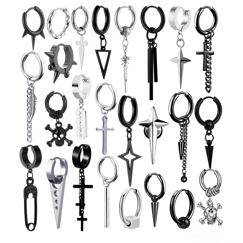 1 Paar Punk-Edelstahl-Ohrstecker in Schwarz/Stahlfarbe, Ohrringe-Set für Männer und Frauen, Vintage-Hip-Hop-Piercing-Ohrschmuck Image