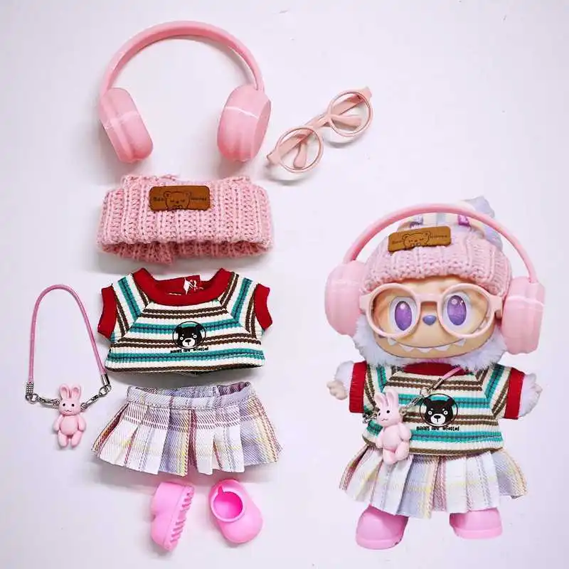 Für 15/17 cm Labubus Mode Overalls Set Mokoko Nette Gestreiften T-Shirt Rosa Rock Headset Schuh Set Sitzen Party spiel Spielzeug Accesso