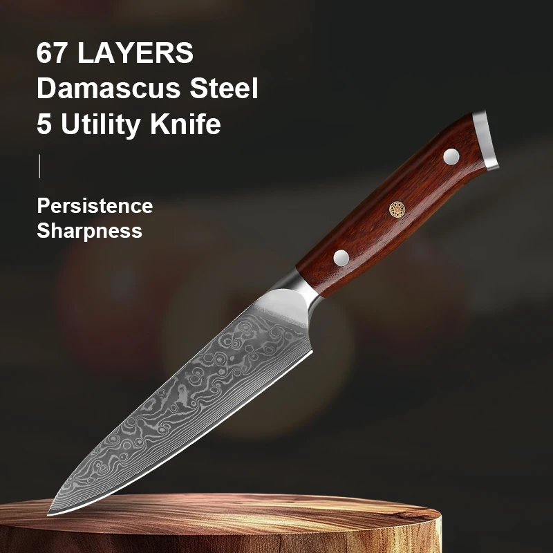 5-Zoll-Allzweckmesser aus 67-lagigem Damaststahl, Obstmesser, Küchenmesser, Kochmesser, Küchenchefmesser mit Rosenholzgriff Image