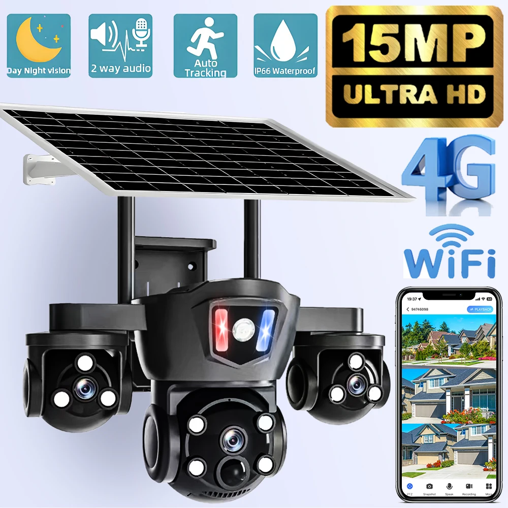 Telecamera Solare 4G con SIM per Esterni, 3 Obiettivi, 3 Schermi, Rilevamento PIR Umano, 15MP, Impermeabile, Visione Notturna, Telecamera di Sicurezza CCTV
