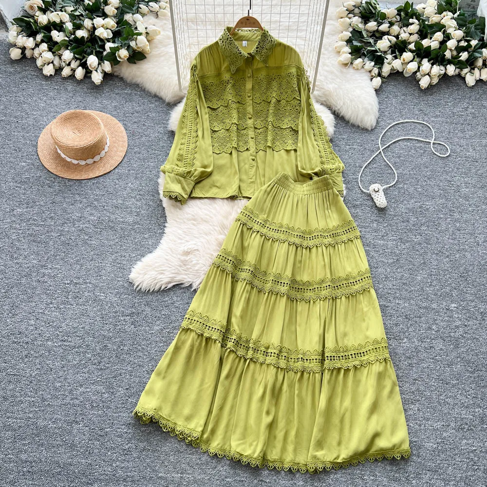 Set da due pezzi Set gonna da donna Set coordinati Set di abiti Autunno Top in pizzo Gonne lunghe Una linea a vita alta Y2k Streetwear Elegante