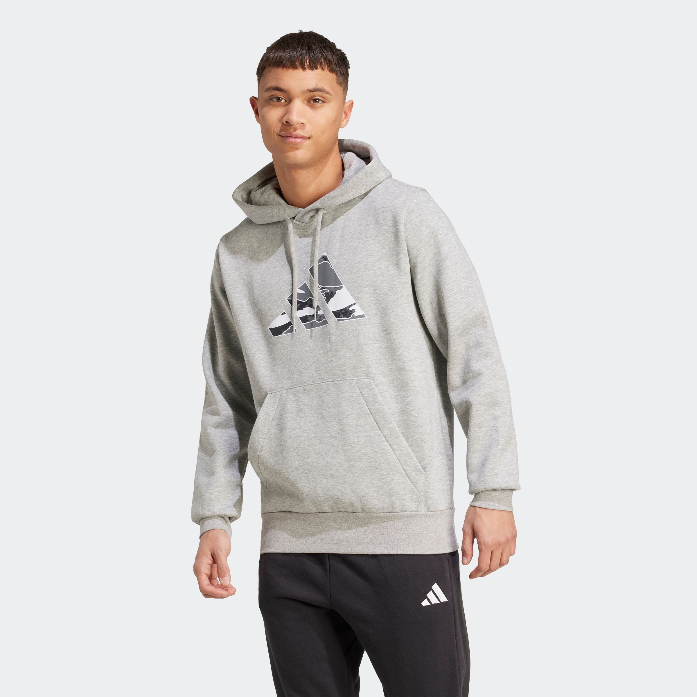 Kapuzensweatshirt ADIDAS SPORTSWEAR "M CAMO 3B HD", Herren, Gr. M, grau (medium grau heather), Obermaterial: 55% Baumwolle, 36% Polyester, 9% Viskose, normal, Rundhals, Sweatshirts