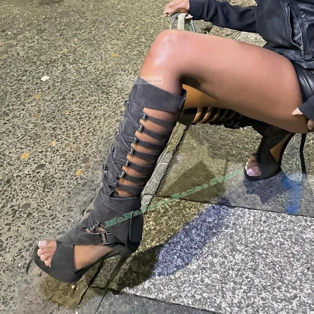 Riemen Hohl Kniehohe Sandalen Offene spitze Stiletto Heels Schnallen Sexy Stil Sandalen Frauen Schuhe Solide Stiletto Heels Sommer Schuhe