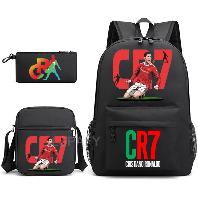Sac d'école imprimé Ronaldo pour étudiants, ensemble de 3 pièces, sac à dos pour jeunes, trousse à crayons, sac à bandoulière