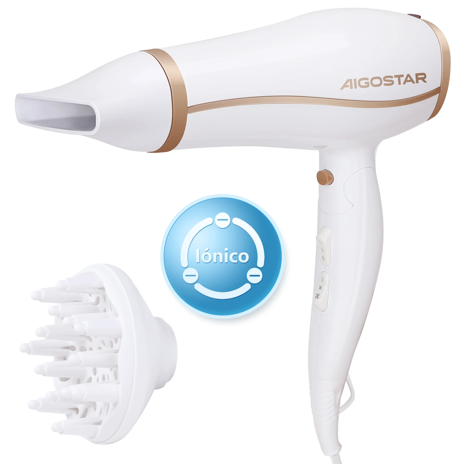 Aigostar Haartrockner Ionen 2200W，Föhn，Fön，Ionen-Haartrockner Negative Händetrockner mit Diffusor und Zubehör，weiß Image