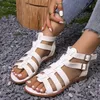 Luxuriöse Damensandalen, Sommer, elegante Damenschuhe mit niedrigen Absätzen, flache Schuhe, lässige Gladiator-weiße Fischzehen-Designer-Sandalen, flache Schuhe